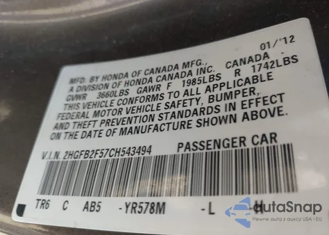 2012 Honda Civic Lx z USA, uszkodzony, nr VIN 2HGFB2F57CH543494